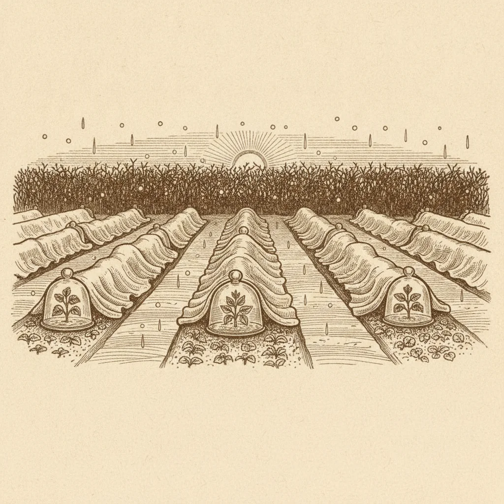 Tender plants under cloches and fleece on a frosty morning